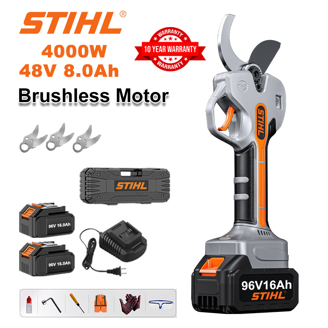 4000W brushless lithium battery pruning shears + 48V8Ah battery * 2 + sk9 alloy blade * 3 + charger + LED power display + tool box + lubricating oil + goggles + 10-year warranty